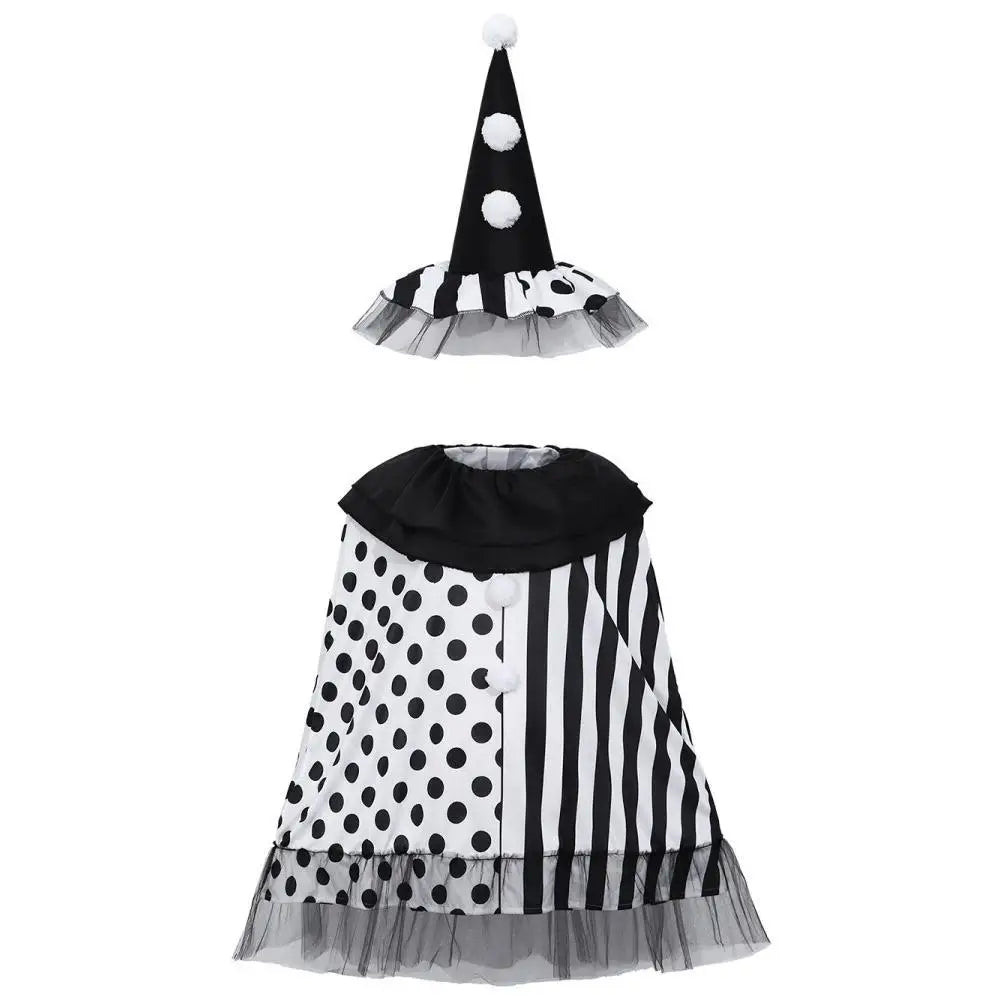 Women's Witch Black White Polka Dot Striped Clown Cape Halloween Costume - View 4