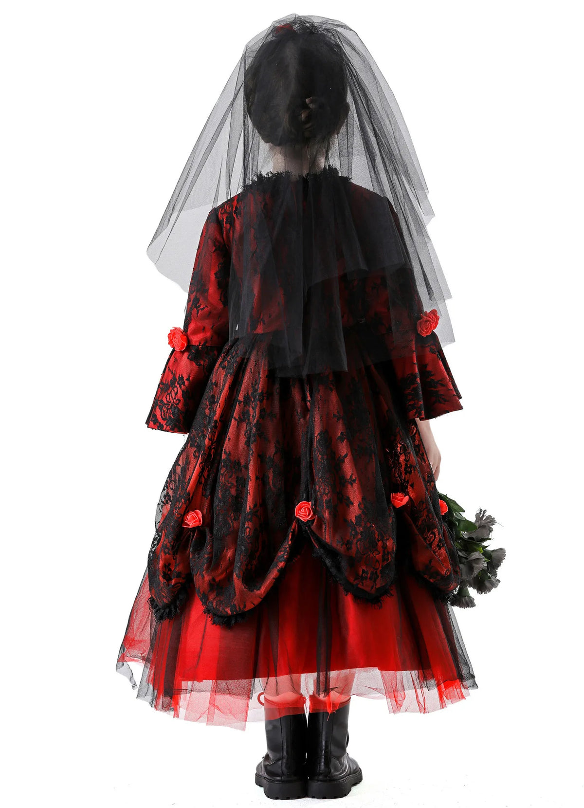 Girls Gothic Ghost Bride Costume – Black & Red Dress with Headpiece