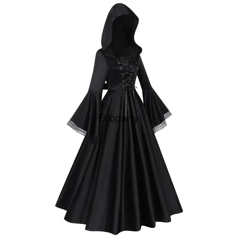 Renaissance Gothic Hooded Dress for Women Black Square Neck Flare Sleeve Big Swing Long Dresses Female - product image 3