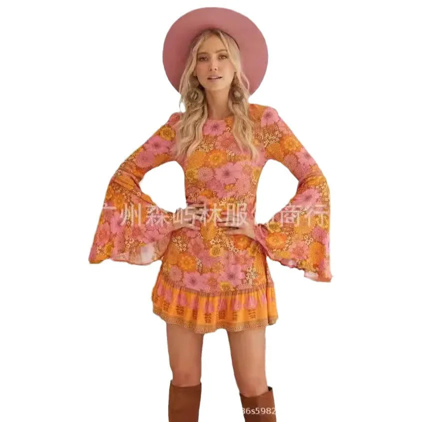 Women's Halloween O Neck Dress Hippie Role-playing Costume Flower Retro Groovy Floral - Discount Halloween City