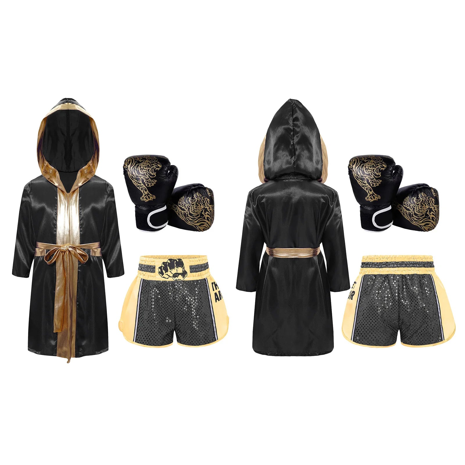 Boxing Sleeve Metallic Trim Satin Hooded Robe Belt Sequins Shorts and Gloves - Blue White / 10