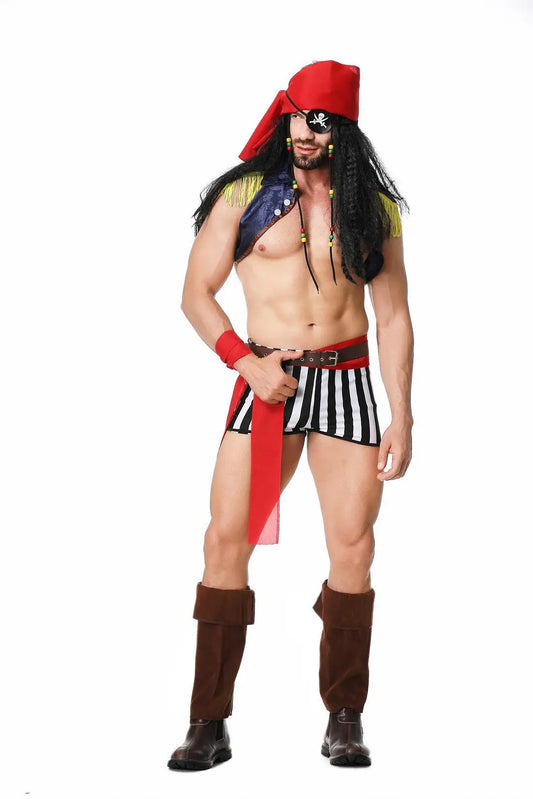 Men Caribbean Pirate Costume Cosplay Outfit Halloween Ball Themed - 82218 / M