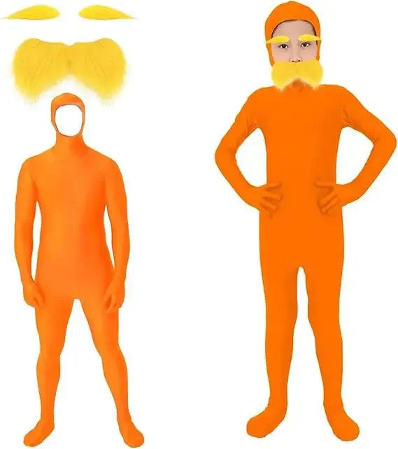 Halloween Jumpsuit Orange Costume Yellow Moustache and Eyebrow Baring Orange Bodysuit - Orange / adults 74.8 in (190 cm)