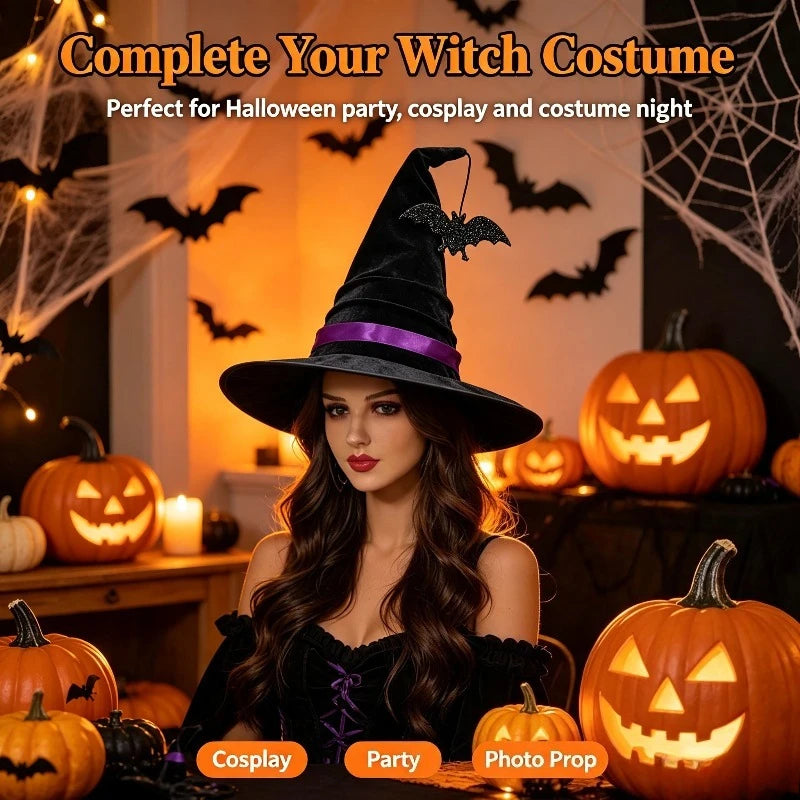 Halloween Crumpled Witch Hat Party, Witch Hat Black Velvet Witch Costume - product image 3