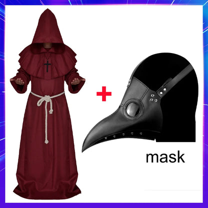 Halloween Wizard Costume Medieval Monk Hooded Robe Costume Mask Hat for Men Steampunk - C2 / Halloween cosplay