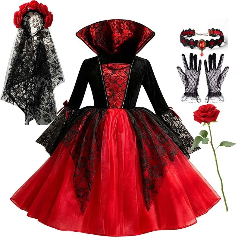 Girls Gothic Vampire Costume – Black & Red Dress or Accessory Sets
