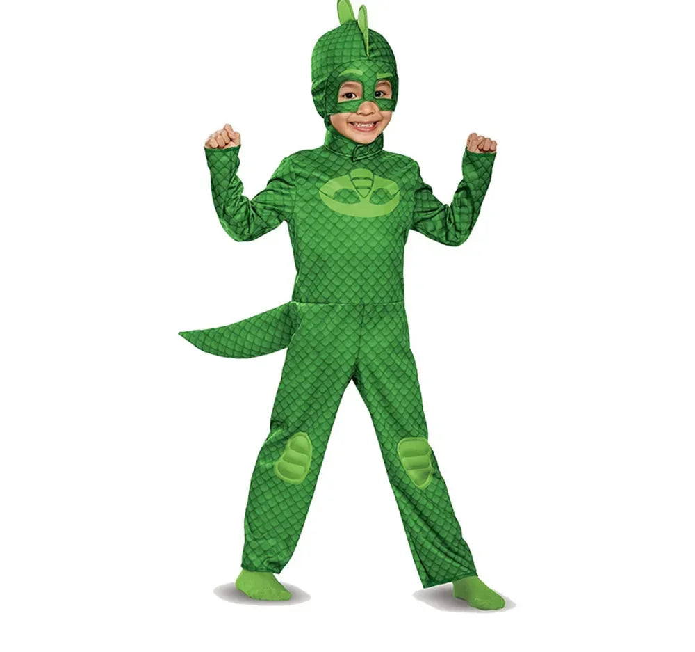 Halloween Animal Costume Girl Boy Super Owl Hero Jumpsuit Mask Cute Costume Cat Gecko - L / Green