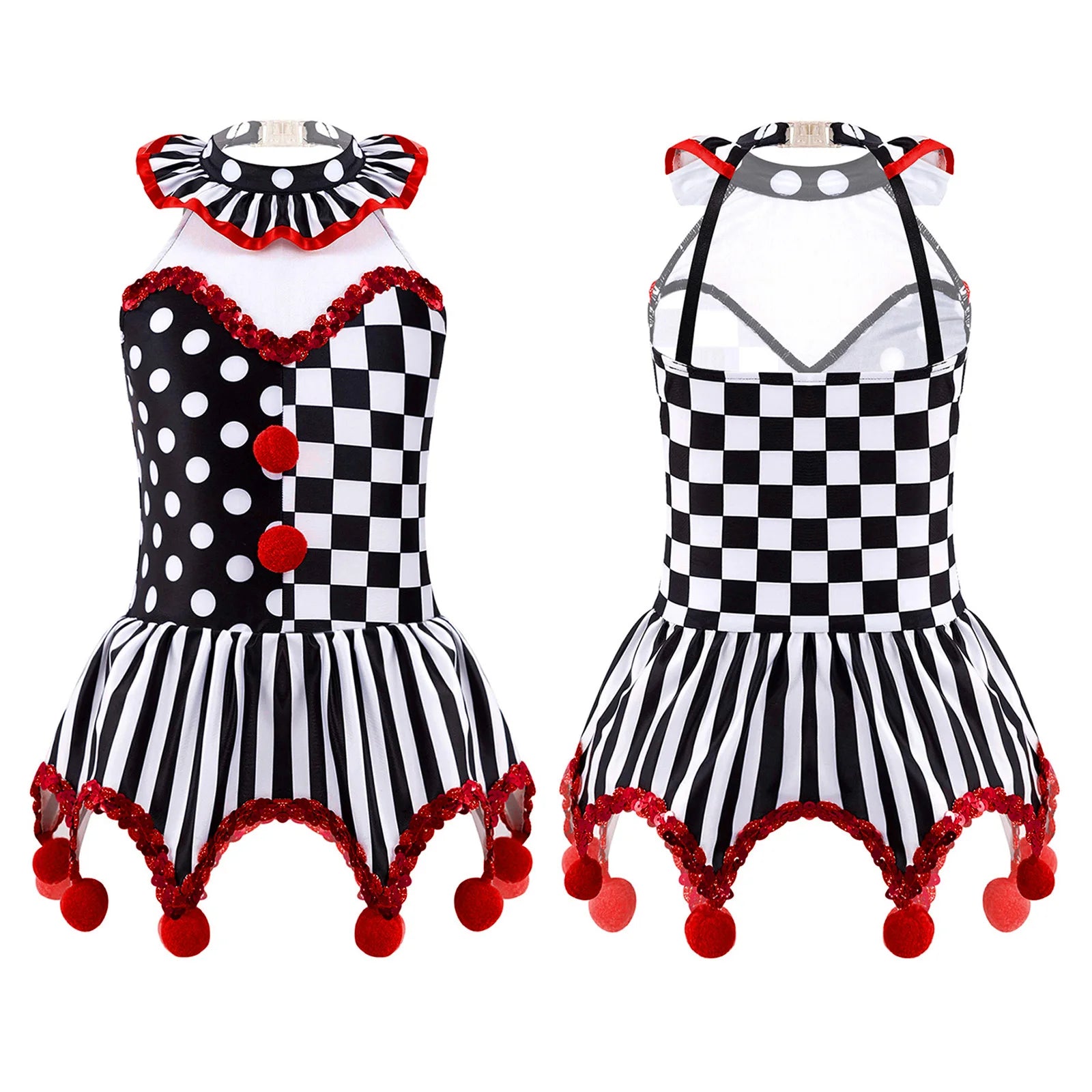 Girls Circus Clown Performance Costume Halloween Plaid Halter Sleeveless Dance Leotard - 16 / Black Rose