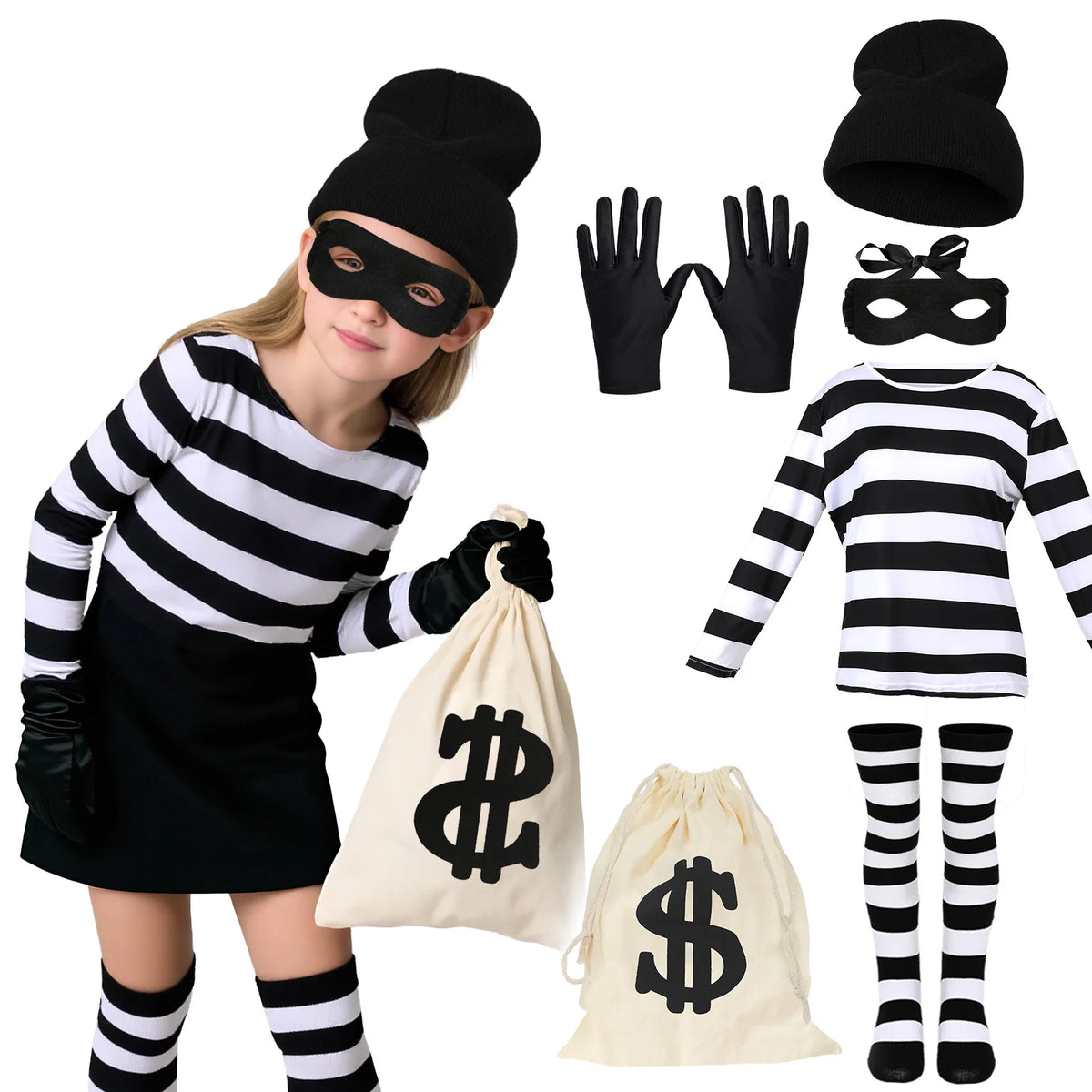 Boys Girls Robber Costume Girls Thief Accessories Jail Prisoner Costume Striped Top
