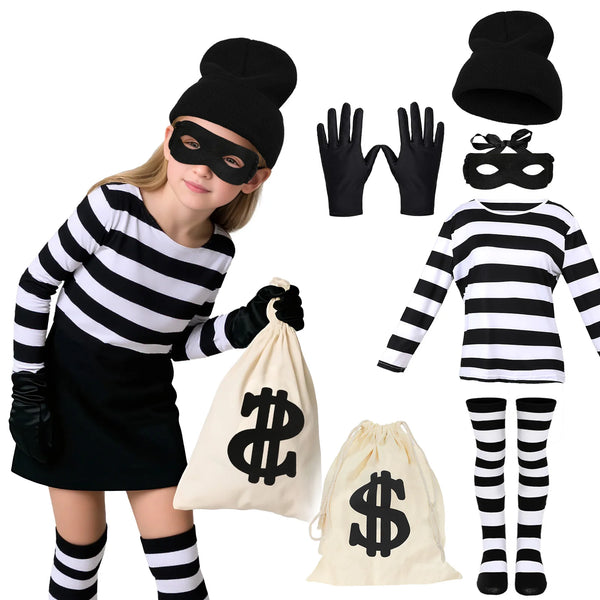Boys Girls Robber Costume Girls Thief Accessories Jail Prisoner Costume Striped Top