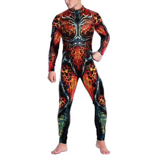 Men's Skeleton Dark Blood Skull Print Bodysuit Front Zipper Costume