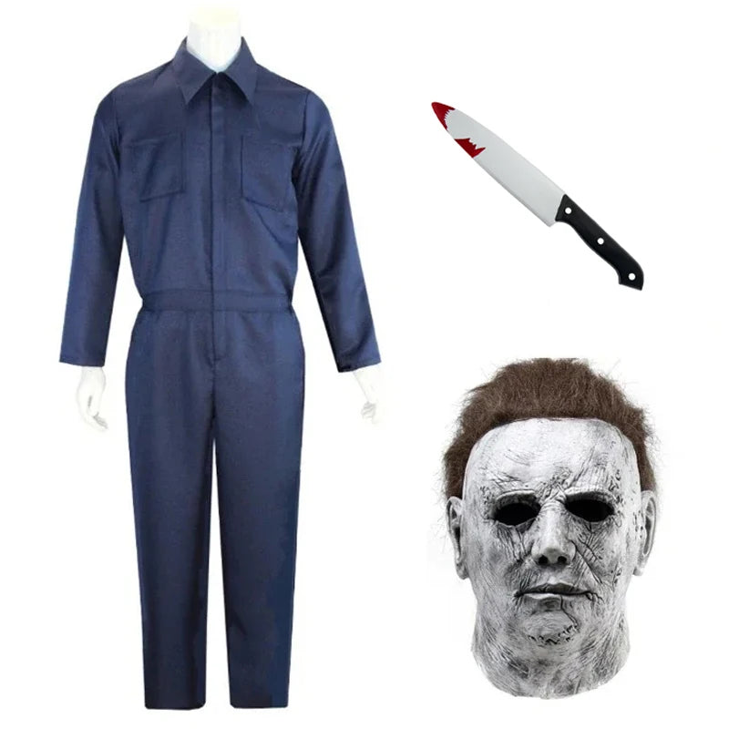 White-Mask Slasher Costume Outfits Anime Bloody Killer Cos Jumpsuit Horror Mask - jumpsuit mask / L