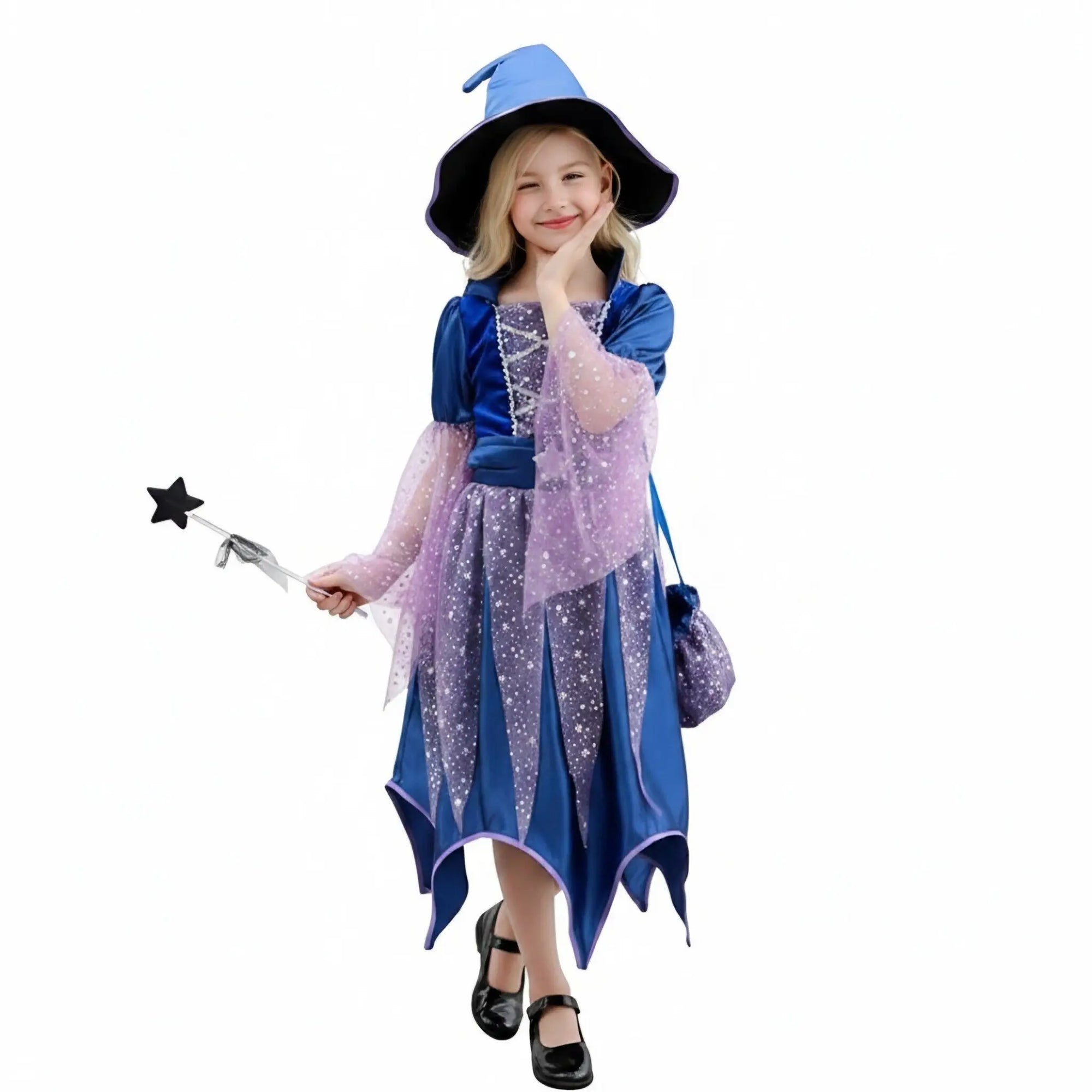 Halloween Costume Girls Costumes Witch Dress 4 PCS Bag Hat Wand Suit Kids Costume Vestidos - 4 PCS A / 9-10T(150)