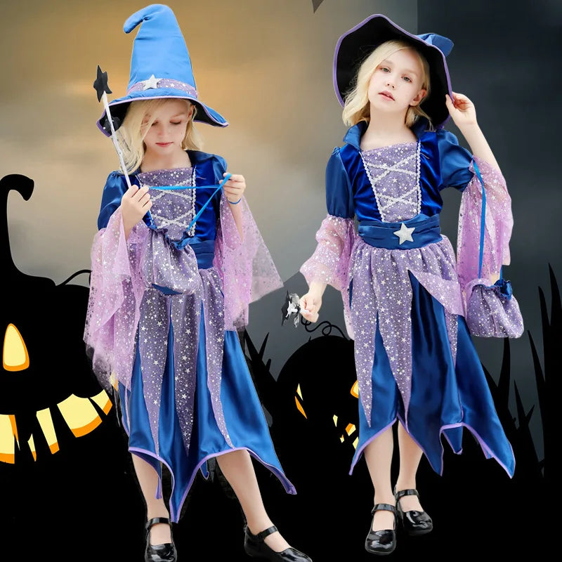 Halloween Blue Witch Costume for Girls with Witch Hat Wand Bag Accessory Set 2-12T Girl Party Dress Vestidos - product image 2
