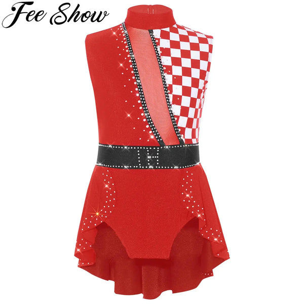 Girls Halloween Circus Clown Performance Costume Rhinestones Ballet Dance Gymnastics - Red / 8