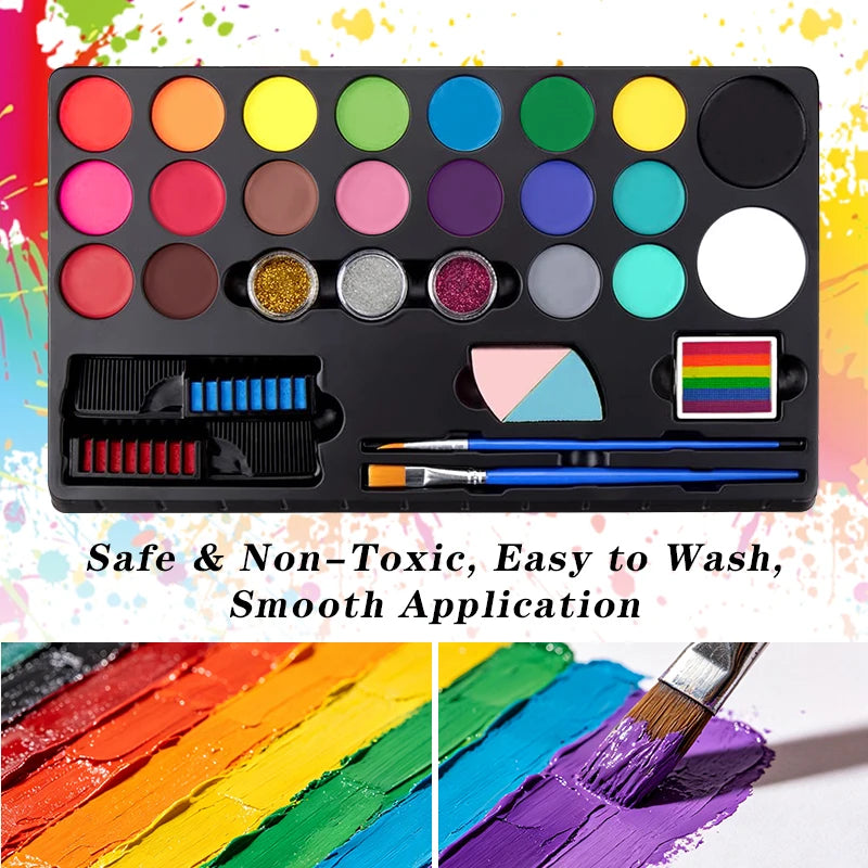 20 Colors Face Body Paint Set Stencils Glitter Brushes Washable - Halloween Makeup - product image 2