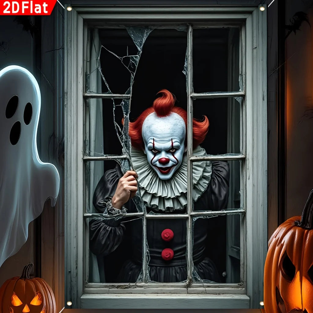 2D flat, 1 Halloween clown through a broken window banner - polyester haunted - product image 5