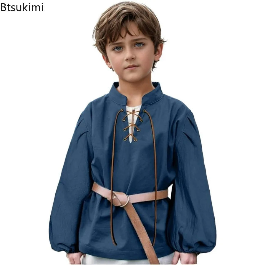 Boys Medieval Pirate Shirt Kids Renaissance Lace up Scottish Jacobite Ghillie