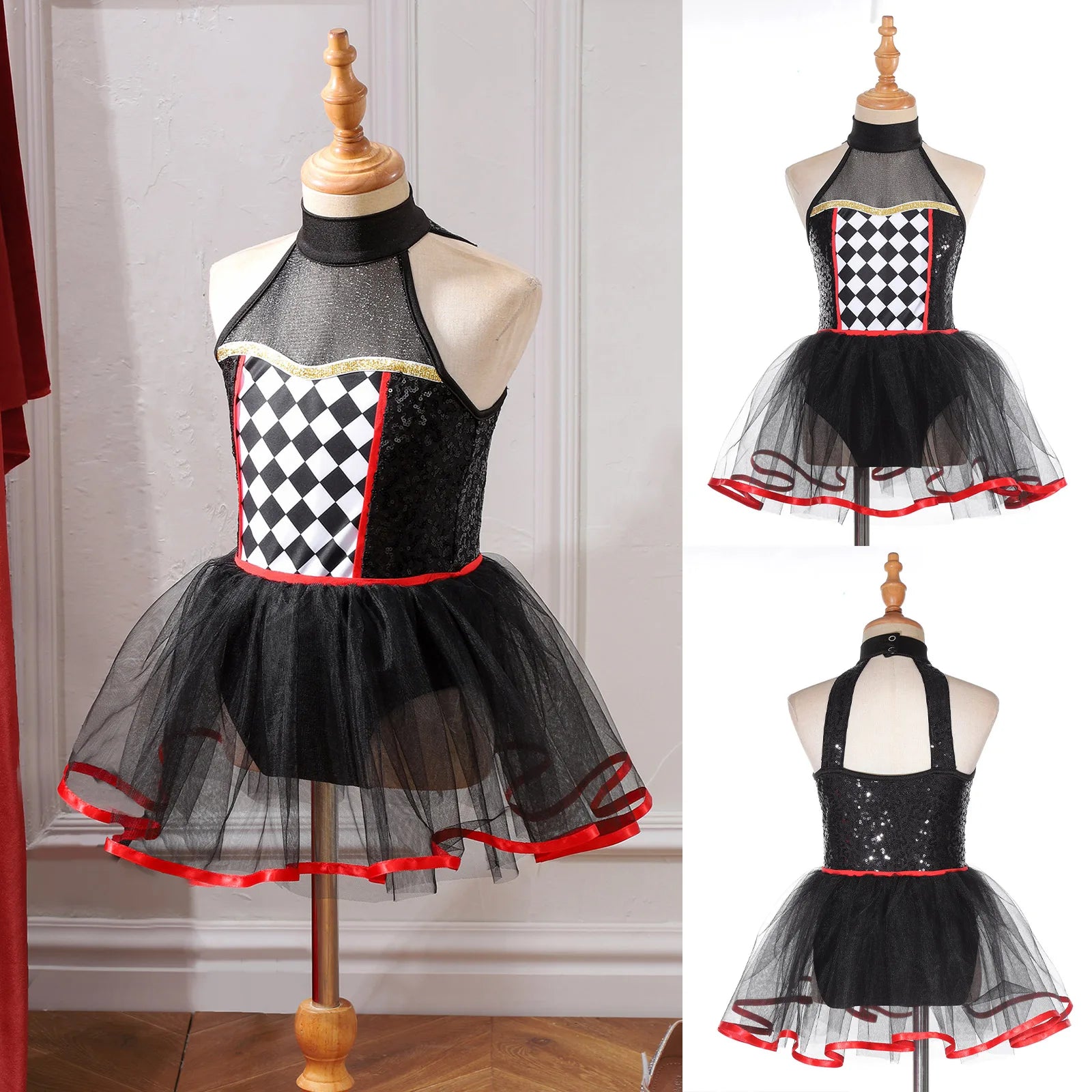 Kids' Girls Clown Jester Circus Halter Neck Checkerboard Sequins Tutu Costume - alternate view 4