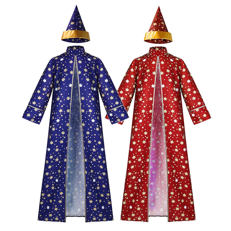 Men Magic Magician Costume Wizard Costume Blue Starry Robe Cloak Hat Medieval Adult