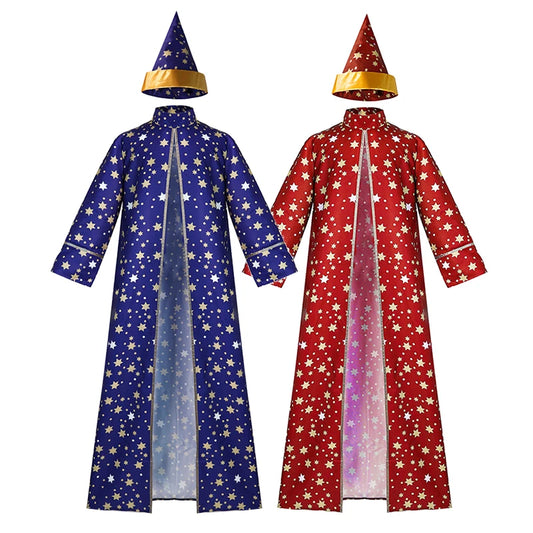 Men Magic Magician Costume Wizard Costume Blue Starry Robe Cloak Hat Medieval Adult - Purple / S
