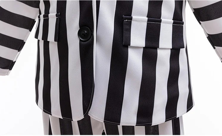 Dashing Suit Cosplay Costume Boys Girls Black and White Striped Coat+Pants Halloween Carnival Dress Up Party Costume Scary Ghost