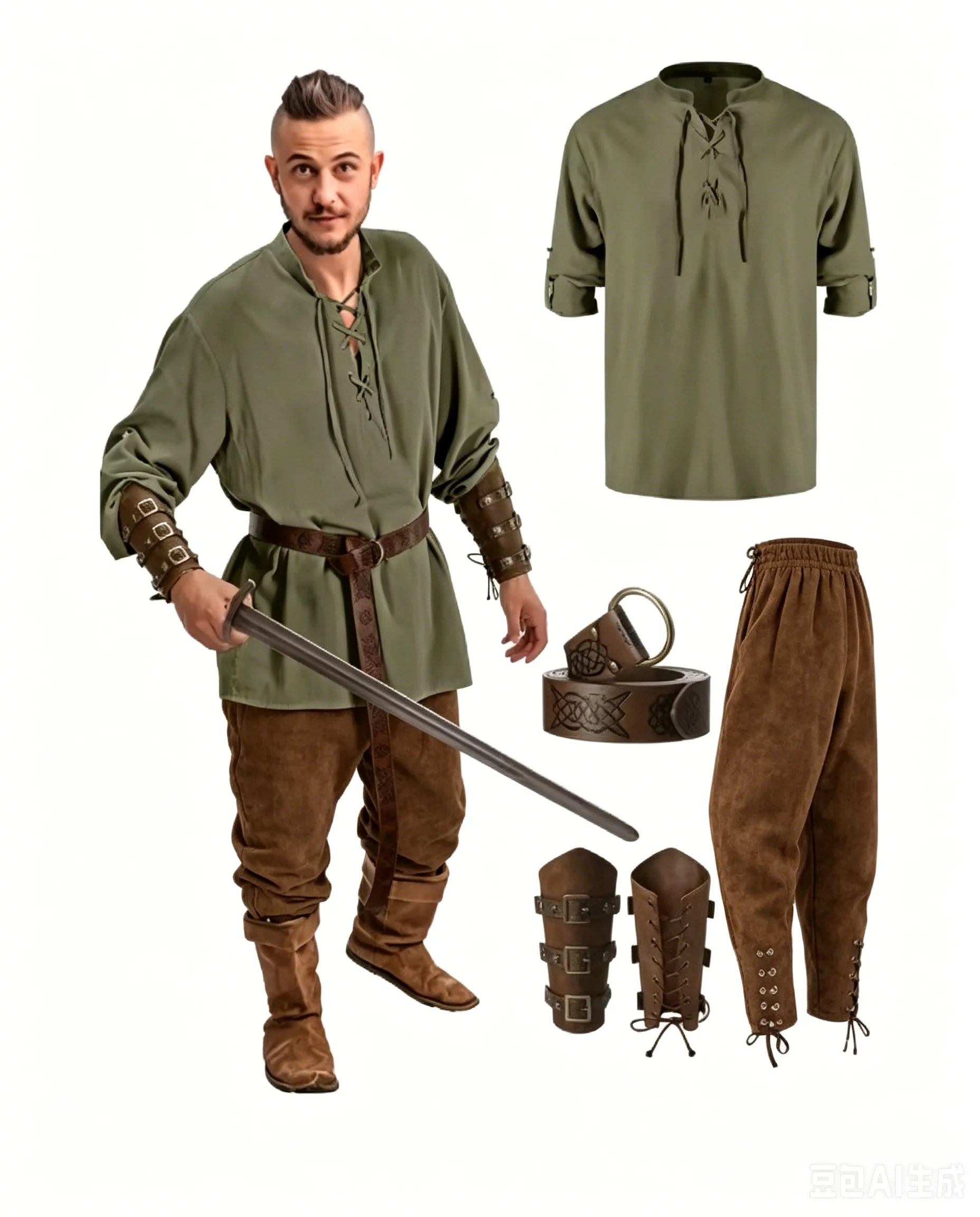 4 Pcs Halloween Men's Renaissance Costume Set Medieval Pirate Shirt Ankle Banded Pants Viking Belt Accessories - product image 16