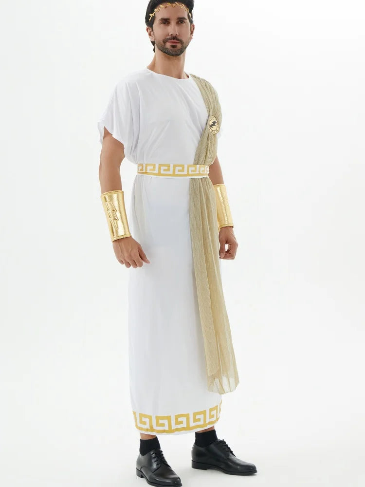 Halloween Costume Ancient Greek Gods Zeus Costumes Adult King of Rome Stage Show Dress - WHITE / M