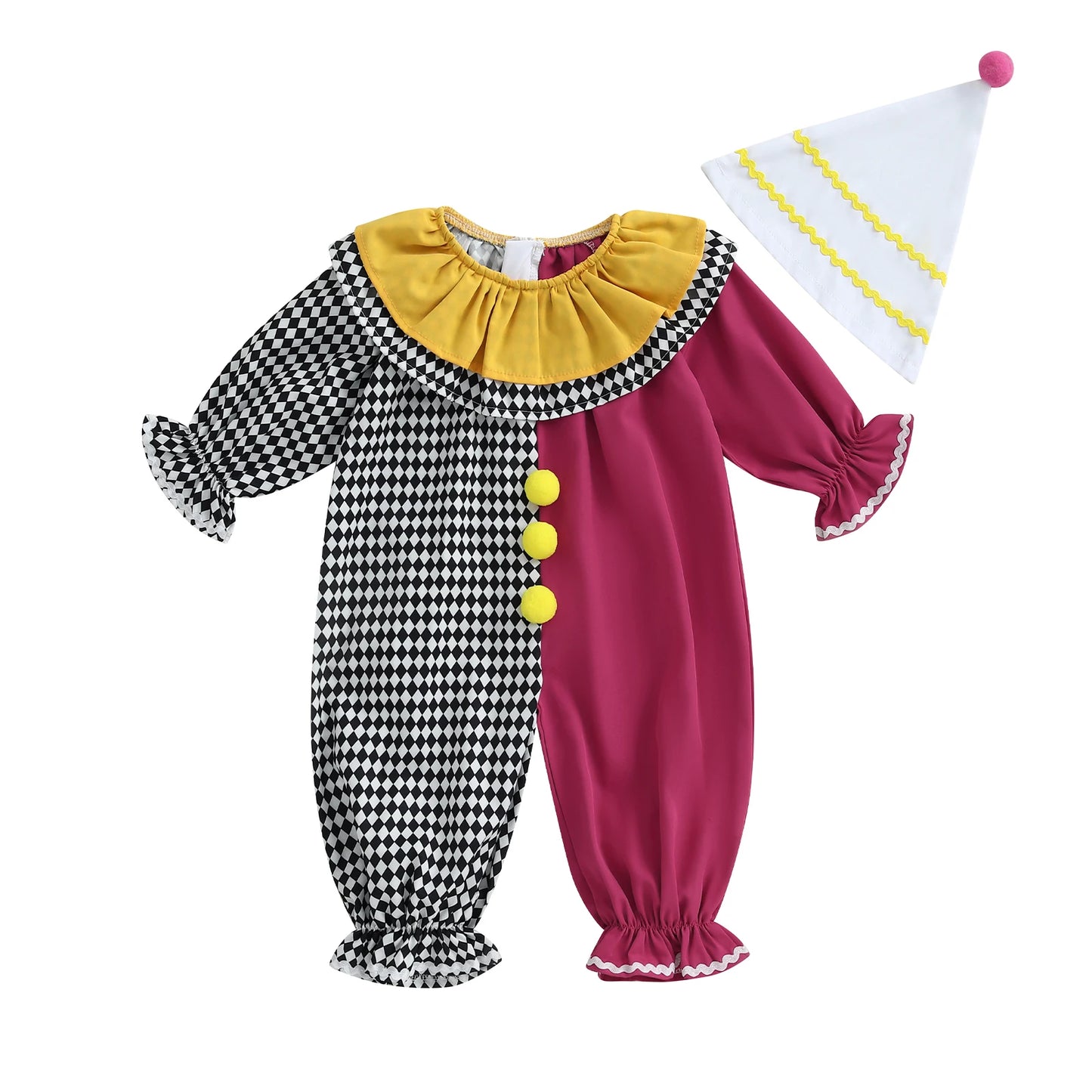 Toddler Baby Clown Halloween Costume Contrast Color Sleeve Jumpsuit and Hat 2 Pcs Set - A / 12-18M