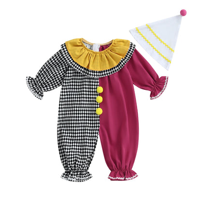 Toddler Baby Clown Halloween Costume Contrast Color Sleeve Jumpsuit and Hat 2 Pcs Set - A / 12-18M