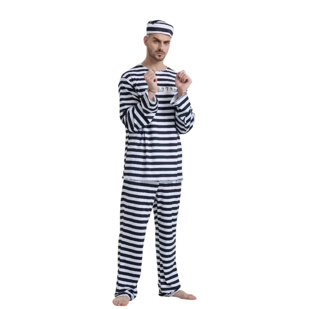 Adult Prisoner Halloween Costume Women Men Jail Costume Jumpsuit Convict Jailbird Outfit Shirt Pants - product image 3
