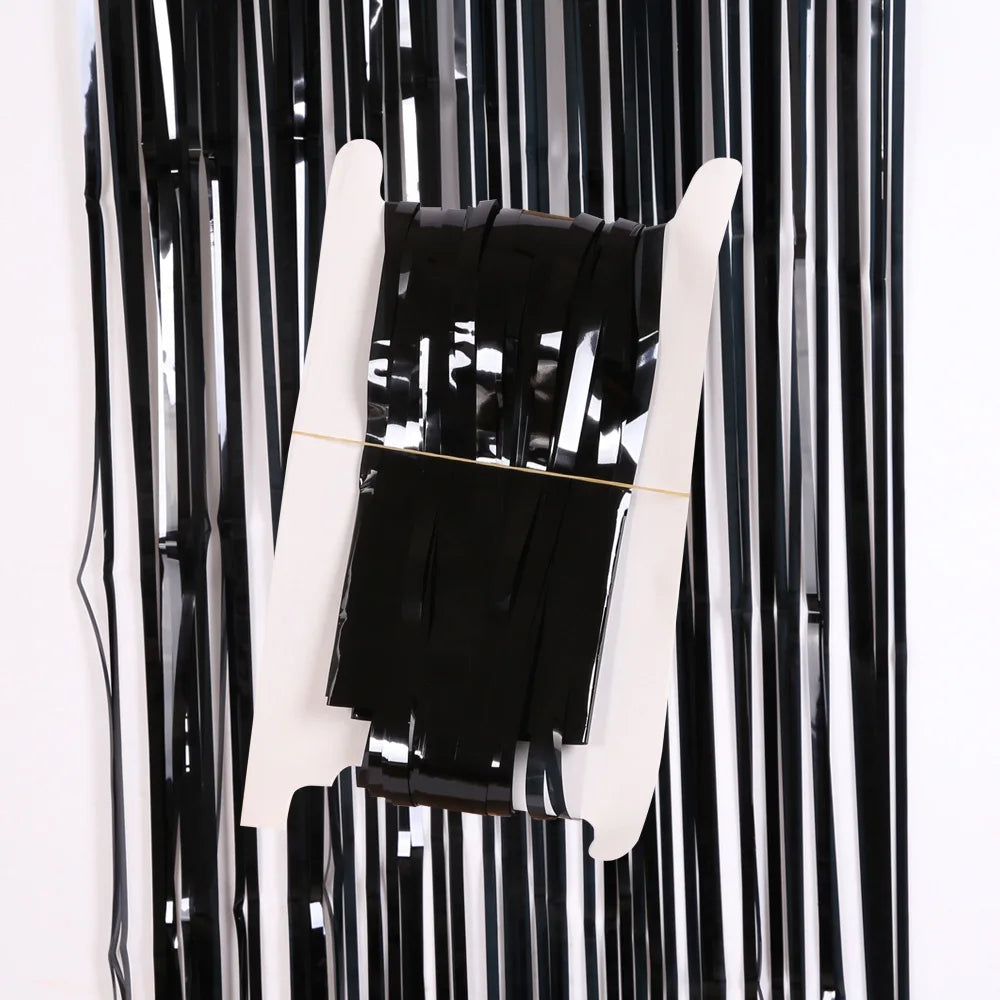 2Pcs Halloween Decoration Backdrop Tassle Curtains Black Orange Foil Fringe - product image 5