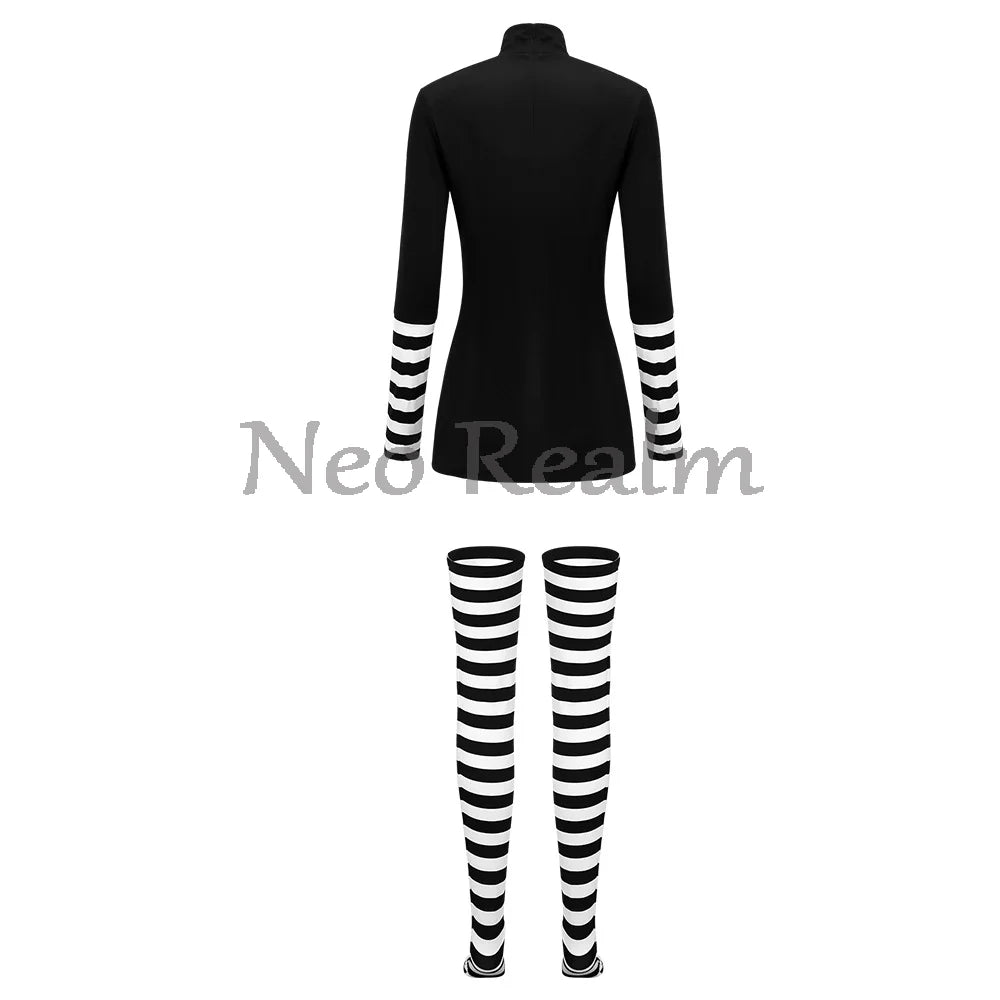 FNAF Puppet-Inspired Clown Costume – Striped Dress & Leggings