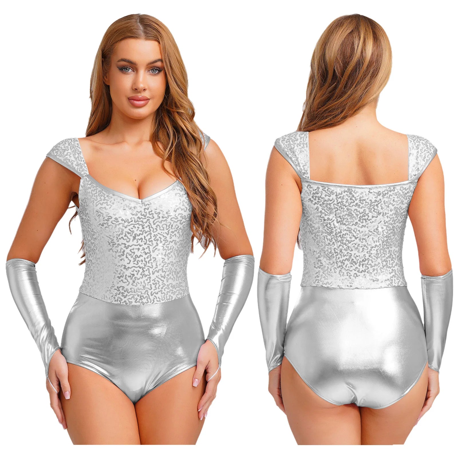 Adult Tin Glittery Sequin Metallic Shiny Bodysuit Removable Sleeves Dance Costume - alternate view 10