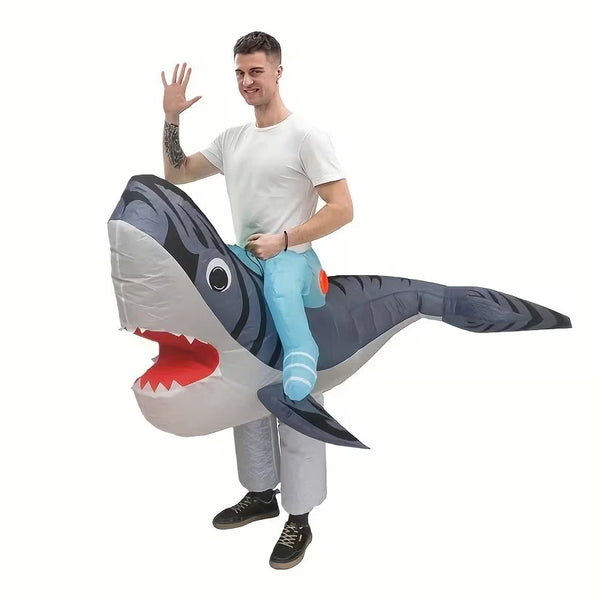 Inflatable Ride of Shark Costume for Adult Blow Up Green Riding A Shark Cosplay Costume Funny Halloween Party Carnival Suit