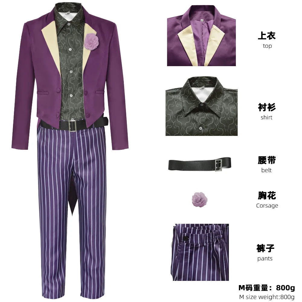 Anime the Joker Mortal Kombat 11 Costume Purpel Suit Set Stripe Pant Belt Halloween - set / XS（old）