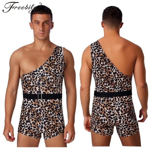 Men Halloween Primitive Man Caveman Strongman Costume One Shoulder Printed Bodysuit with - Leopard / XL