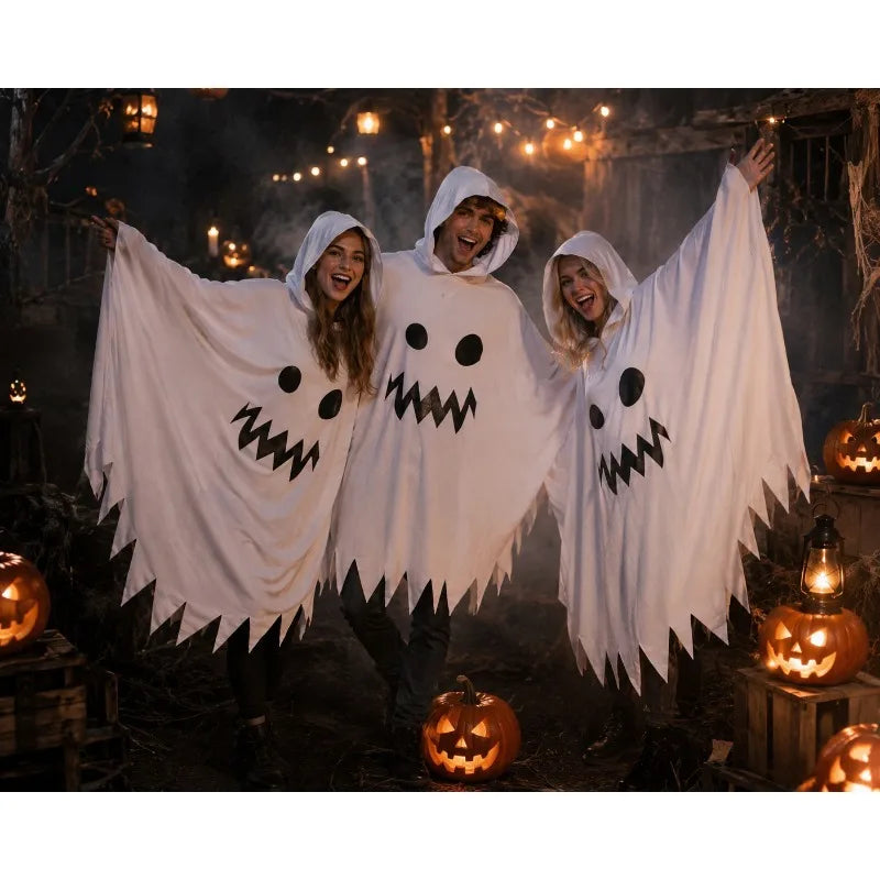White Ghost Halloween Poncho – Hooded Scary-Face Costume Cape