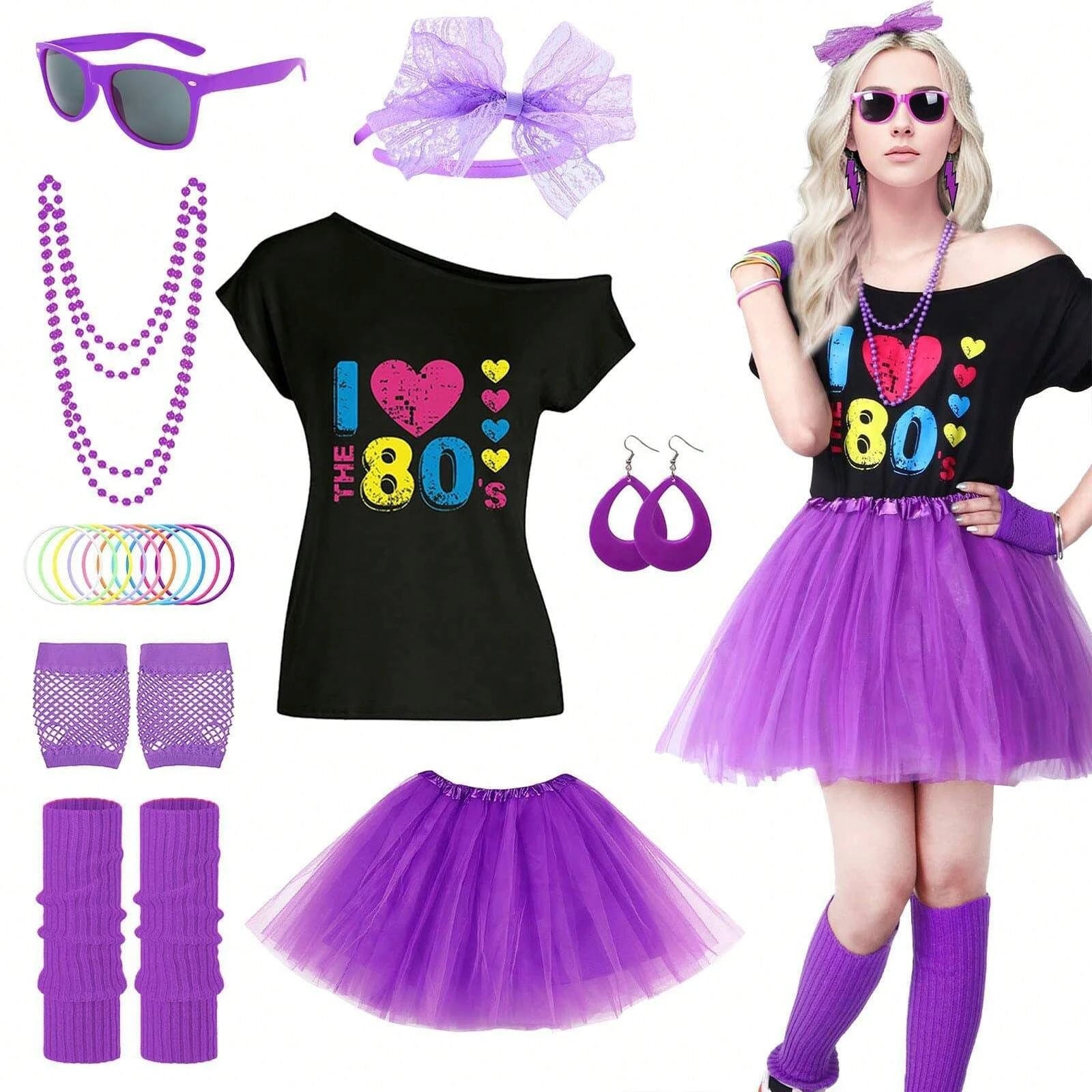 Women's 80s Costume Set Off-Shoulder T-Shirt Tutu Skirt Accessories Neon Outfit for Retro Parties Halloween - product image 5