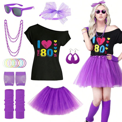 Women's 80s Costume Set Off-Shoulder T-Shirt Tutu Skirt Accessories Neon Outfit for Retro Parties Halloween - product image 5