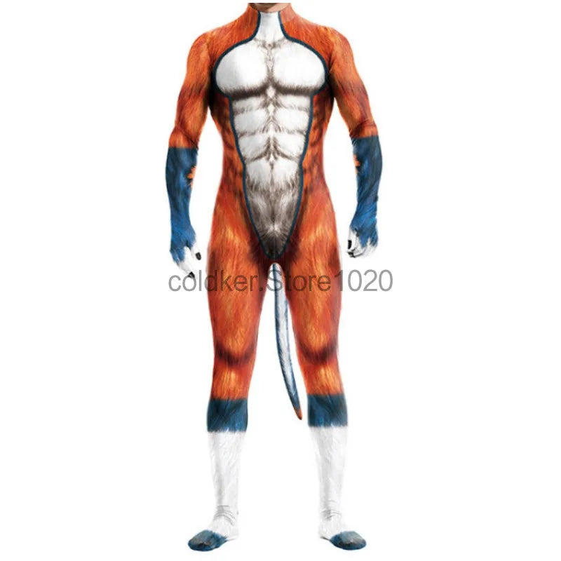 Men Halloween Animal Costume with Tail Adult Full Cover Elastic Zentai Pet Costume - 1 / XXXL