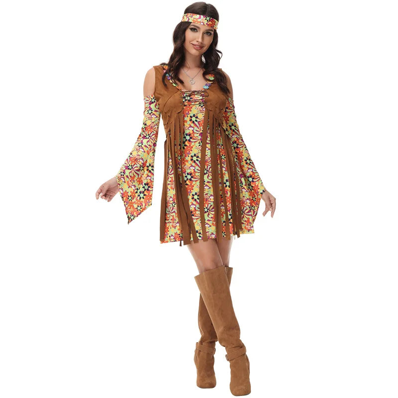 70s Disco Costume Women Retro Hippie Dress Female Disco Dress Disco Headwear Two-piece Brown Print Fashion - product image 5