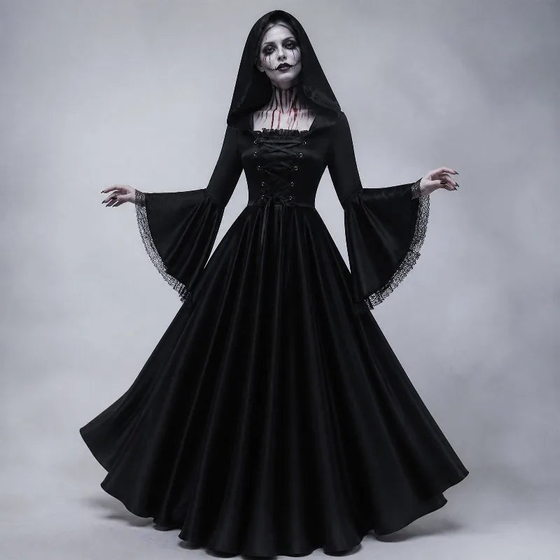 Women Gothic Hooded Long Dress Bell Sleeve Halloween Ghost Bride Witch - product image 1