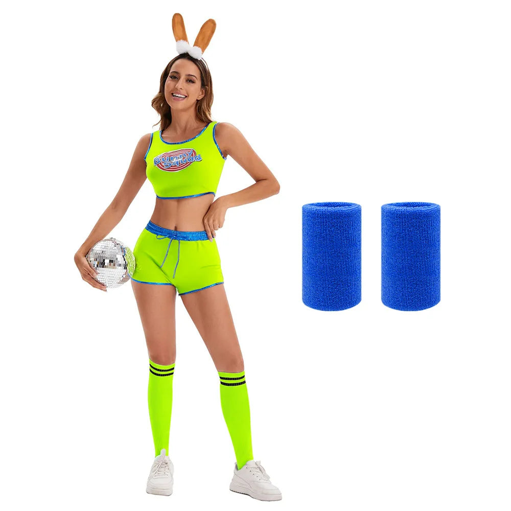 Cute Bunny Squad Cheerleading Costume Set Print Trim Edge Crop Tank Top & Elastic Waist Shorts for Halloween Club Party Cosplay