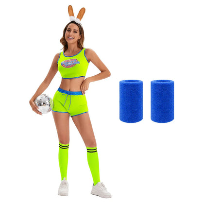 Cute Bunny Squad Cheerleading Costume Set Print Trim Edge Crop Tank Top & Elastic Waist Shorts for Halloween Club Party Cosplay