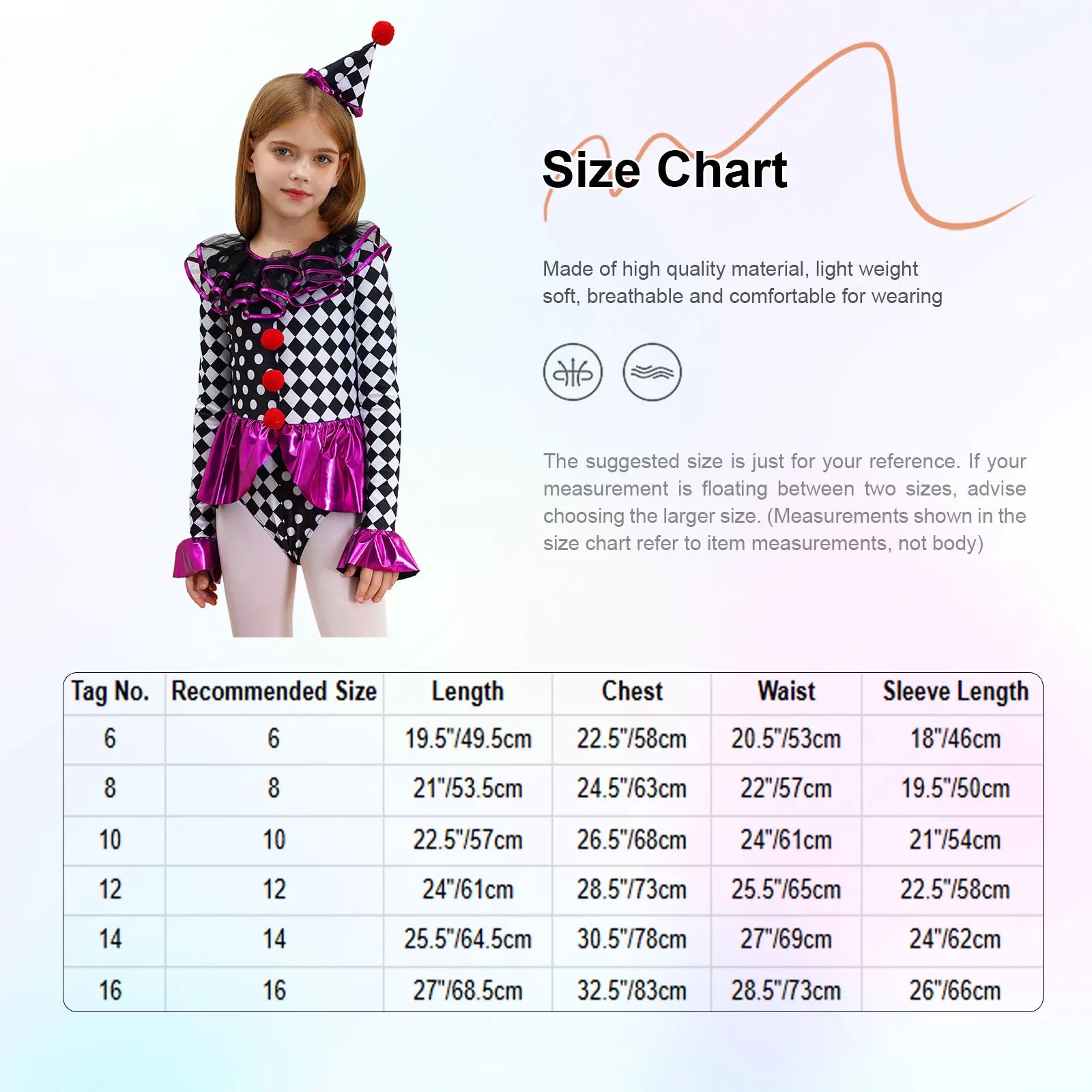 Kids Girls Halloween Circus Clown Costume Theme Performance Sleeve Checkerboard Print - Purple / 8