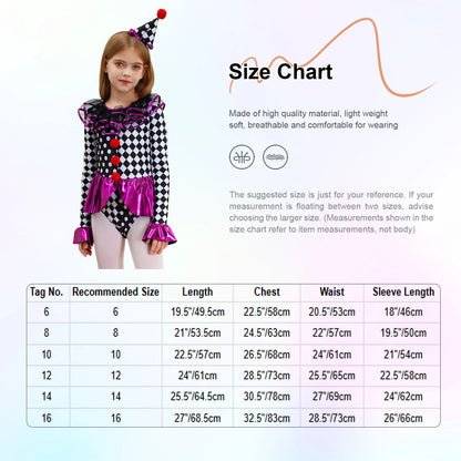 Kids Girls Halloween Circus Clown Costume Theme Performance Sleeve Checkerboard Print - Purple / 8