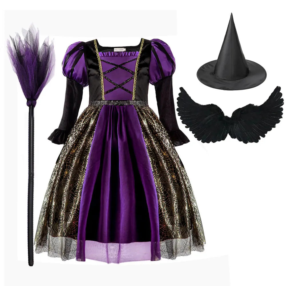 Purple Black Witch Golden Spider Web Kids' Dress Halloween Costume - product image 7