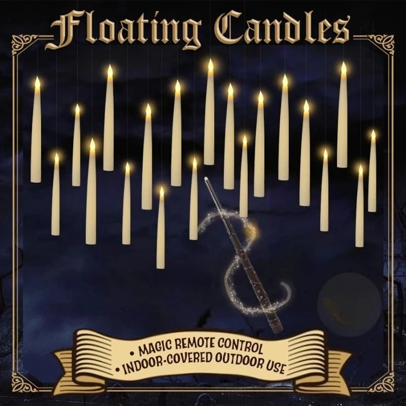 Magic floating LED Halloween candles with wand remote and warm flickering light