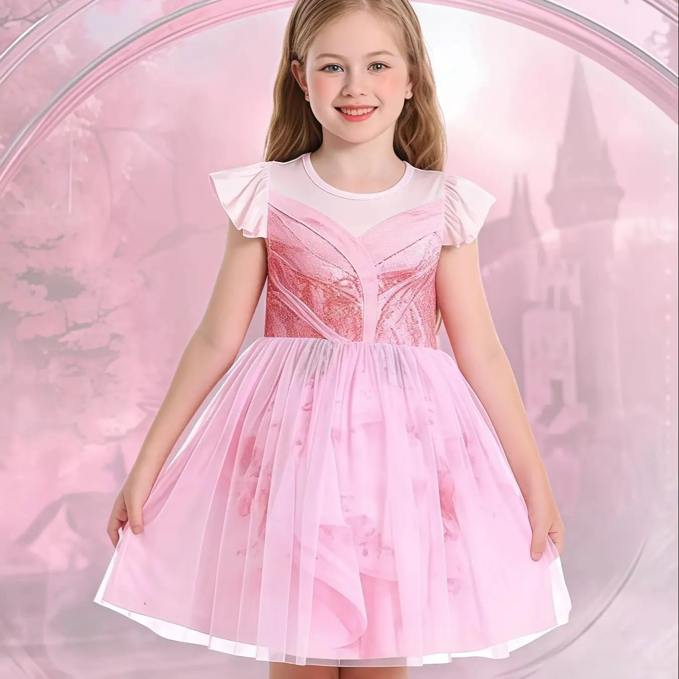 Good Witch Costume For Girls Kids Pink Printed Princess Dress For Children Halloween Birthday Party Carnival - product image 1